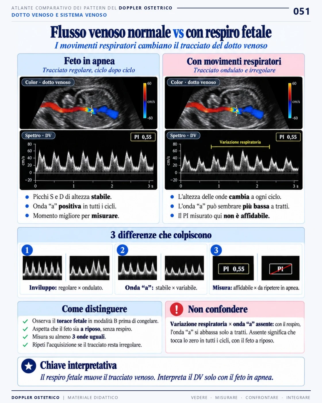 Pagina 51: Flusso venoso e respirazione fetale. Estratto dal PDF di Doppler Ostetrico e Fetale in italiano.