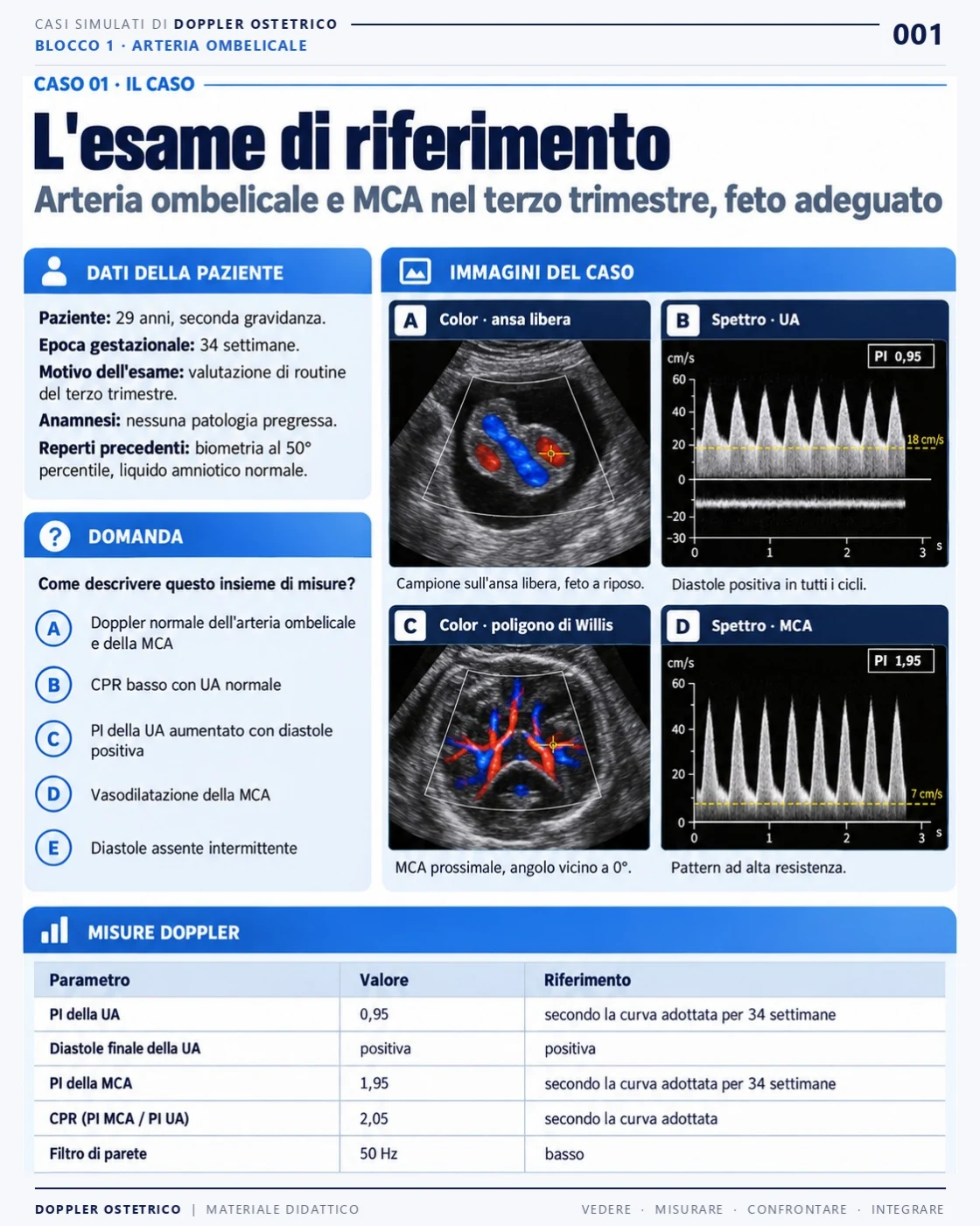 Pagina 1: Caso 1: l'esame di riferimento. Estratto dal PDF di Doppler Ostetrico e Fetale in italiano.